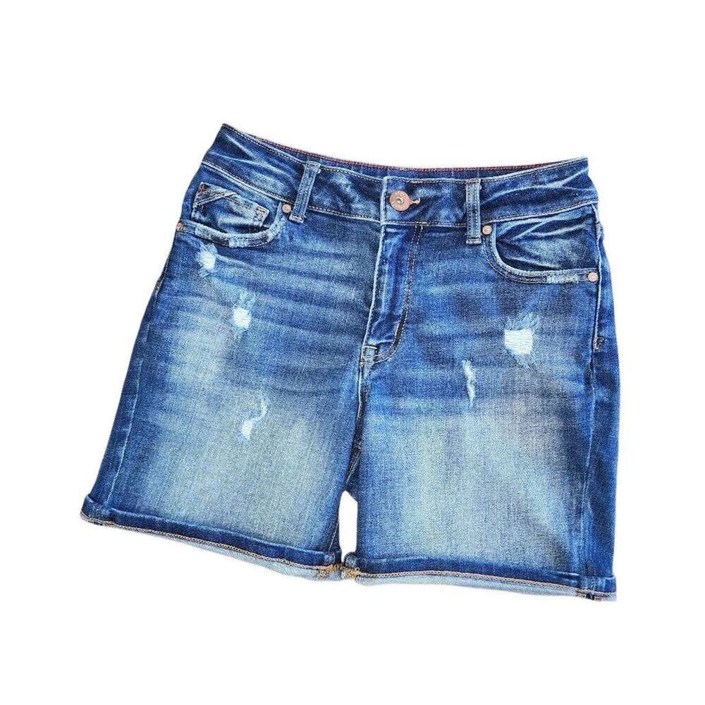 Edgely Womens Shorts, Dark Wash High Rise Distressed Midi Shorts, Sz 4